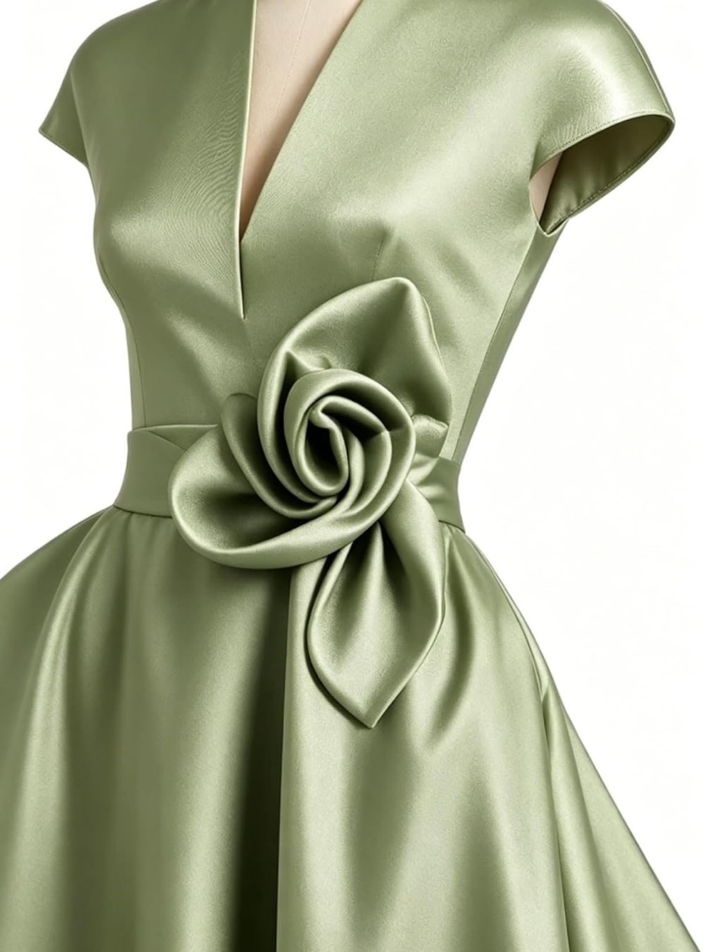 Sage Green Midi Dress with Rose Waist Detail - Picture 2 of 14